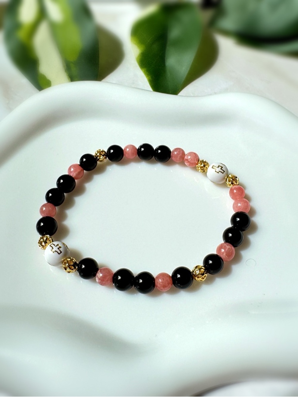 🆕Elegant Rhodochrosite & Black Obsidian Bracelet with Gold Accents Healing